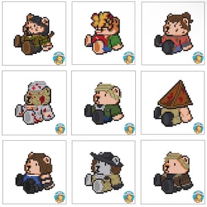 May include: Nine pixelated teddy bears, each with unique outfits and accessories. The bears are in various colors, including brown, red, and green. Some bears have hats, while others have costumes. The bears are sitting down.