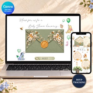 Pode incluir: Um modelo de convite digital para chá de bebê exibido em uma tela de laptop e smartphone. O design apresenta um envelope verde sálvia com detalhes florais, um selo de cera dourado e ilustrações de personagens e abelhas.