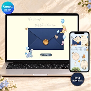 Puede incluir: Un portátil y un smartphone muestran una invitación digital para un baby shower con un sobre azul oscuro, un sello de cera dorado, personajes de Winnie the Pooh y globos azules. El texto en pantalla dice Please join us for a Baby Shower honoring.