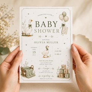 Sillery Goose Luxury Baby Shower Invitation  | Editable Canva Template | Printable Baby Shower Invite | Instant Download