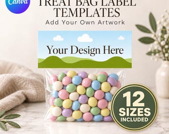 Bundel met sjablonen voor traktatiezakjes, bewerkbare Canva-etiketten voor cadeautasjes, verschillende formaten, SVG, printbare feestcadeautjes