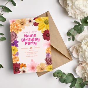 Invitación de cumpleaños editable con flores: 2 diseños para elegir: primavera/verano. Editable en Canva