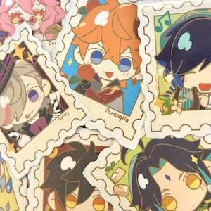 May include: A collection of colorful character stickers, each in a postage stamp design. The stickers feature various anime-style characters with vibrant hair and clothing. Some stickers have character names like "Tartaglia" and "Lyney".