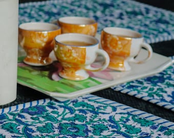 Katoenen placemats met handblokprint, Jaipuri-tafelmatten met bloemenprint