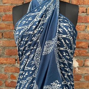 Hand Block Printed Blue Cotton Sarong – Beach Wrap, Swimwear Cover Up, Scarf & Boho Travel Shawl – Lightweight Resort Wear