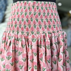 Hand Block Printed Floral Maxi Skirt: Cotton Boho Smocked Waist