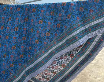 Handmade Cotton Block Print Quilt | Reversible Floral Bedspread