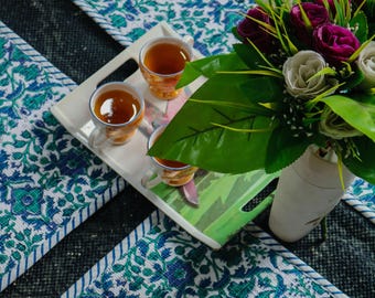 Tovagliette in cotone con stampa a blocchi: set da 4 trapuntate boho reversibili