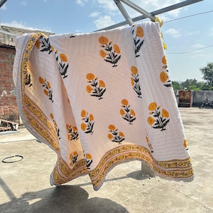 Yellow Floral Block Print Quilt | Reversible Indian Cotton Bedspread, Boho Bedding