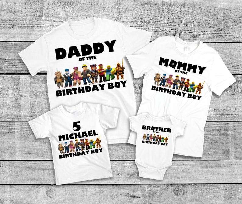 May include: White t-shirts with black text and colorful character graphics. The shirts read "Daddy of the Birthday Boy," "Mommy of the Birthday Boy," "5 MICHAEL Birthday Boy," and "Brother of the Birthday Boy."
