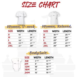 Op de afbeelding: Een witte maattabel met rode tekst bovenaan met de tekst "SIZE CHART". De tabel bevat afmetingen voor Women's V-neck, Women's Relaxed en Bodysuit maten, inclusief breedte en lengte in inches.