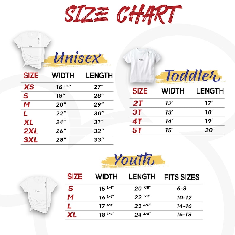 Op de afbeelding: Een maattabel voor t-shirts, met afmetingen voor Unisex, Peuter en Jeugd maten. De tabel bevat breedte en lengte in centimeters, en maten voor jeugd.