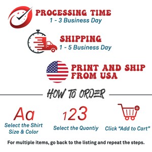 Op de afbeelding: Afbeelding met tekstinstructies over het bestellen van een product. De tekst bevat "Processing Time 1-3 Business Day", "Shipping 1-5 Business Day" en "Print and Ship From USA". Instructies omvatten het selecteren van maat en kleur, hoeveelheid en toevoegen aan winkelwagen.