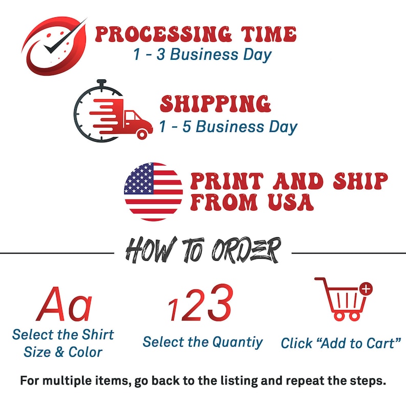 Op de afbeelding: Afbeelding met tekstinstructies over het bestellen van een product. De tekst bevat "Processing Time 1-3 Business Day", "Shipping 1-5 Business Day" en "Print and Ship From USA". Instructies omvatten het selecteren van maat en kleur, hoeveelheid en toevoegen aan winkelwagen.