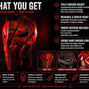 K&ouml;nnte beinhalten: Ein metallisch rot-schwarzer Helm mit segmentierten Details, entworfen f&uuml;r Cosplay oder Ausstellungen. Der Helm ist 3D-gedruckt, handgefertigt und enth&auml;lt eine Innenpolsterung und einen verstellbaren Riemen. Der Text auf dem Bild lautet "WHAT YOU GET".
