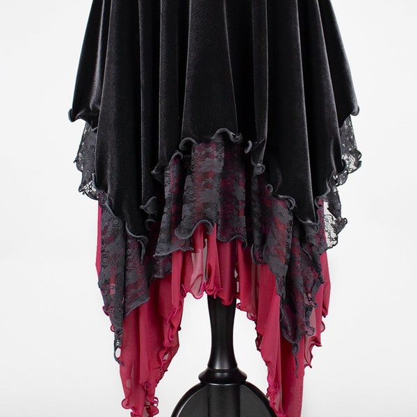 WITCHY VELVET VAMP dark red wine sheer mesh black velvet lace tiered layered maxi skirt