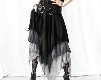 WITCHY OMBRÉ LAYERED black/grey/silver tiered gradient sheer mesh maxi skirt