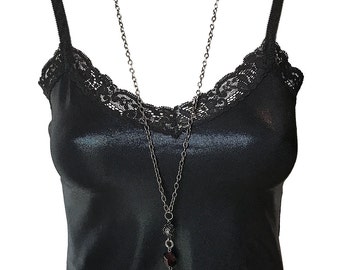 BLACK CROPPED CAMISOLE with stretch lace trim and lingerie bra straps in cotton spandex stretch velvet wet look metallic