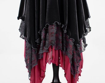 WITCHY VELVET VAMP dark red wine sheer mesh black velvet lace tiered layered maxi skirt