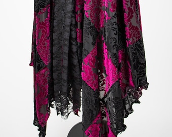 WITCHY VELVET PATCHWORK magenta wine and black sheer burnout maxi skirt