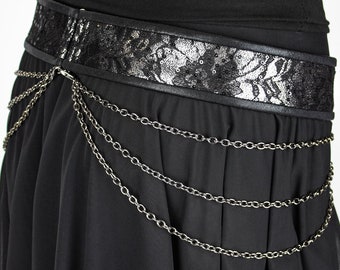 SILVER SPARKLE LACE skinny sequined metallic handmade tie front hip belt with lace scarf detachable draping chains