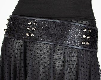 SPIKED SEQUINED LACE shiny metallic handmade tie front hip belt with lace scarf