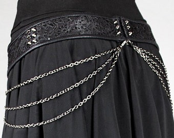 SPIKED BLACK SPARKLE skinny sequined lace handmade tie front hip belt with spikes and detachable draping chains