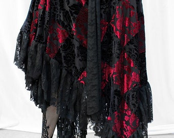 WITCHY VELVET PATCHWORK lace ruffle trim magenta red wine and black sheer burnout maxi skirt