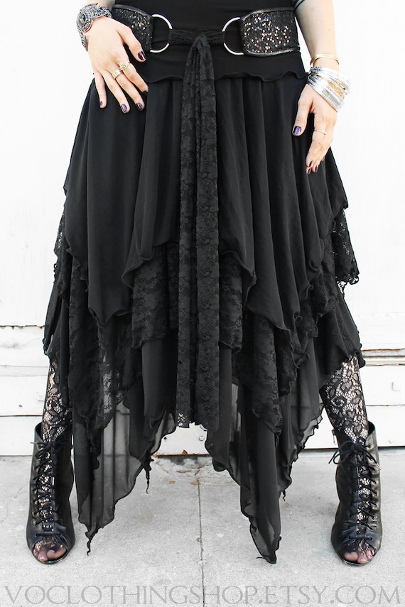 WITCHY BLACK LAYERED Sheer Mesh and Lace Maxi Skirt 