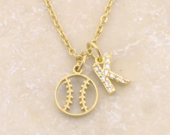 Baseball Necklace CZ Initial: Personalized Team Gift, Sports Mom Jewelry
