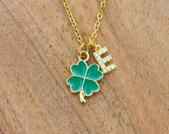 Shamrock Necklace: CZ Initial, Irish St Patricks Day Jewelry