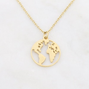 Collana con mappa del mondo, ciondolo a forma di globo, regalo per la Giornata della Terra, amore, madre terra, viaggiatore del mondo, impermeabile, in acciaio inossidabile dorato, posizione a strati