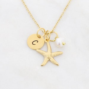 Starfish Charm Necklace, Custom Initial, Beach Vacation Jewelry