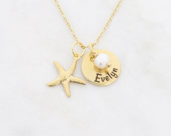 Starfish Necklace • Beach Jewelry Tropical Gold Starfish Charm • Personalized Name • Vacation Gift Girls Trip Getaway Hawaiian Summer Gift