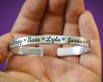 Cuff Bracelet Custom Cuff Silver • Gift for Mom Bracelet • Grandma Gift Family Name Bracelet • Handstamped Childrens Name Bracelet • QQQ