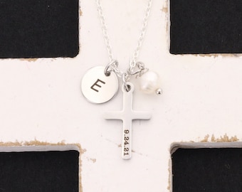 Personalized Cross Necklace: Baptism Gift, Initial, Date, Pearl