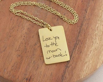 Actual Signature Necklace: Engraved Handwritten Note, Rectangle Charm