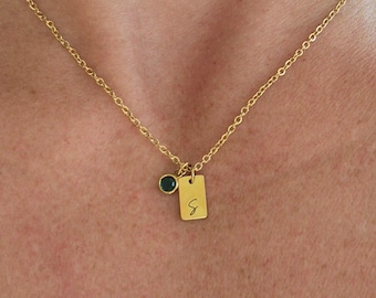 Tiny Initial Tag with Custom Birthstone Crystal Jewelry Gold or Silver Engraved Rectangle Disc