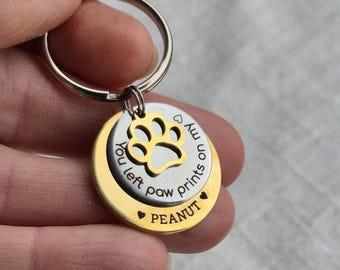 You Left Pawprints on My Heart Pet Memorial Keyring: Custom Quote Dog Name