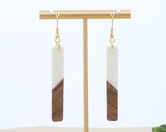 Wood Earrings Black White Wooden Dangle Bar Earrings Natural Geometric Chevron Rectangle Drop Long Everday Wear Gold Ear Wires Walnut