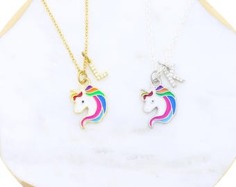 Collar personalizado con inicial de unicornio - Amuleto mítico de cuerno arcoíris