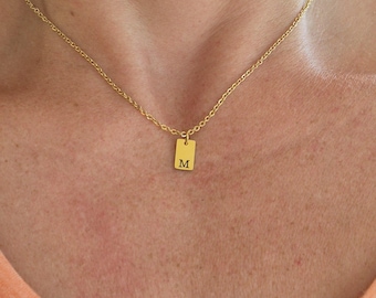 Gold Initial Tag Engraved Jewelry Personalized Tiny Rectangle Layering Disc