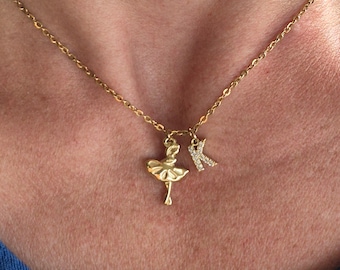 Ballet Necklace: Gold Ballerina Charm, Custom Pave Crystal Initial