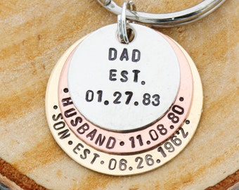 Personalized Dad Gift • Husband Keychain • Hand Stamped Mixed Metal Keychain • Gift for Son • Established Date • Announcement • QQQ