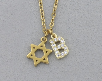 Star of David Necklace CZ Initial: Personalized Jewish Gift, Bat Mitzvah Jewelry
