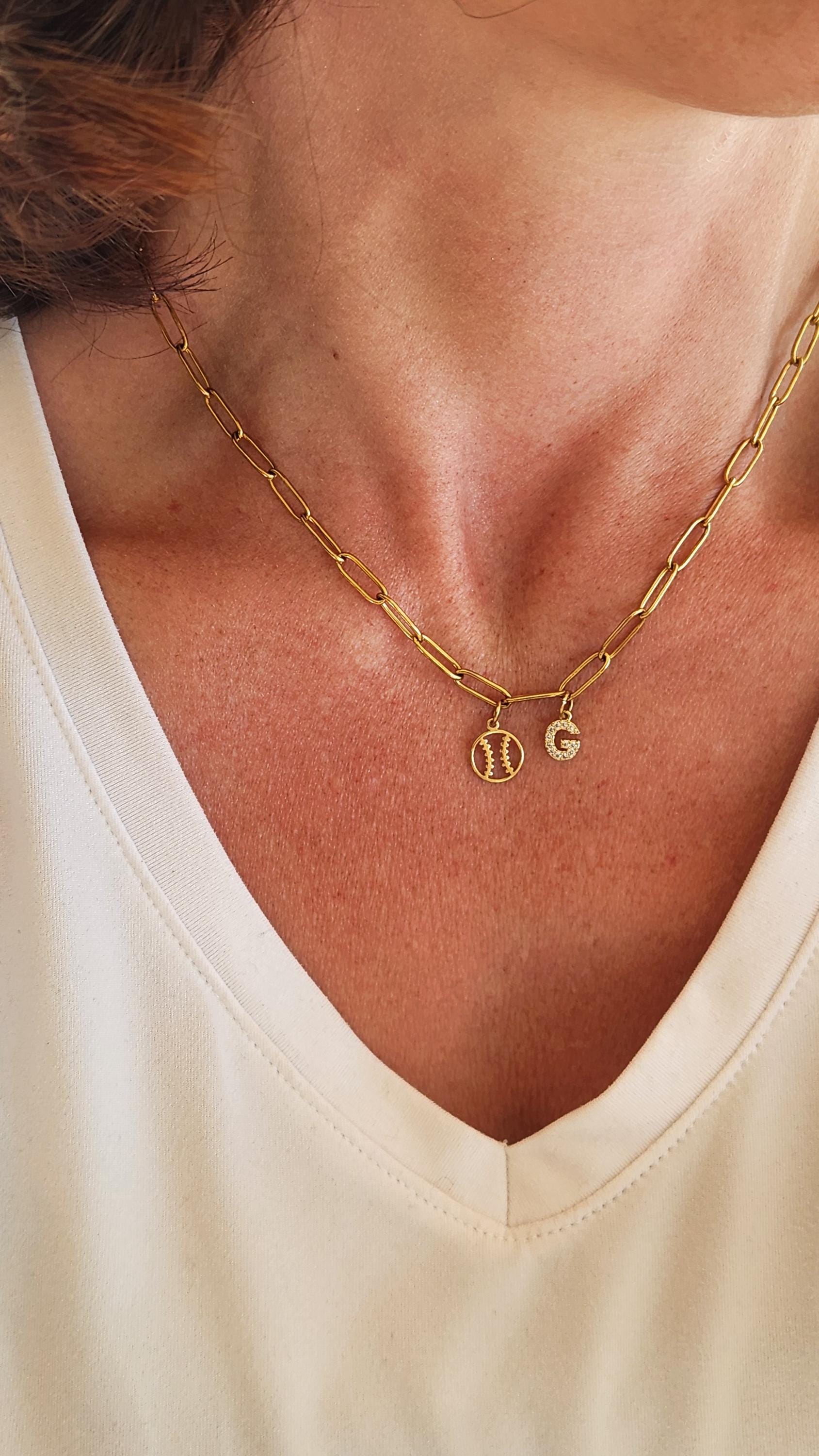 Baseball Mom Necklace: Paperclip Chain Custom Gold Initial, Sports Jewelry