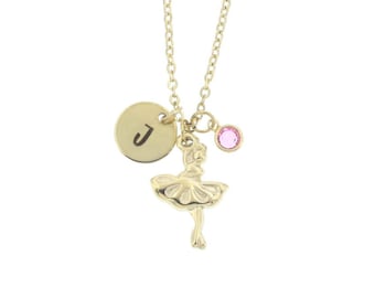 Custom Gold Ballerina Charm Necklace: Personalized Initial Disc and Birthstone Crystal