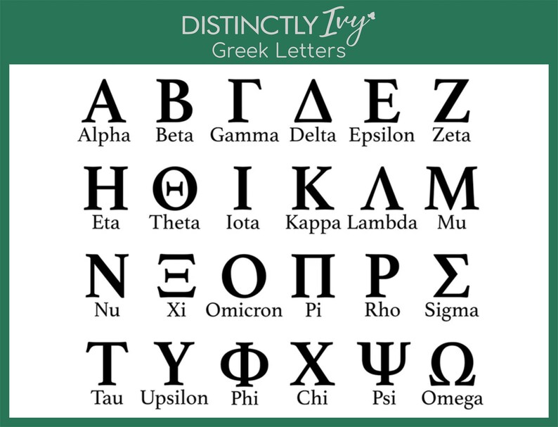 Greek letter chart for DistinctlyIvy with green border