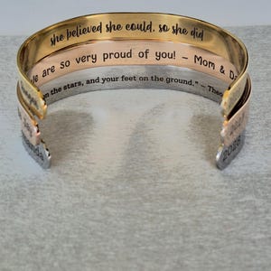 Graduate Bracelet Custom Quote Cuff Bracelet Gold Adjustable Laser Engraved Personalized Phrase 2026 Grad Gift
