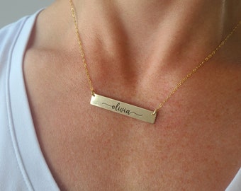 Gold Name Bar Necklace • 14K Gold Sterling Silver • Horizontal Bar • Mom Gift • Custom Name • Minimalist Layering Necklace Personalized